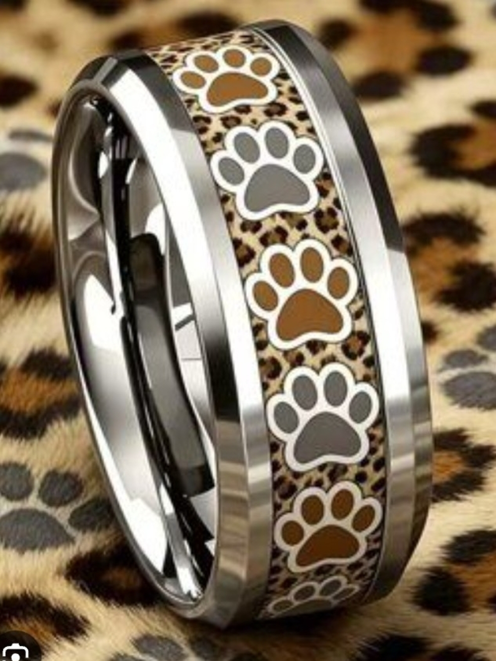Leopard Paw Pet Ring - Brown and Gray Stainless Steel Size 7